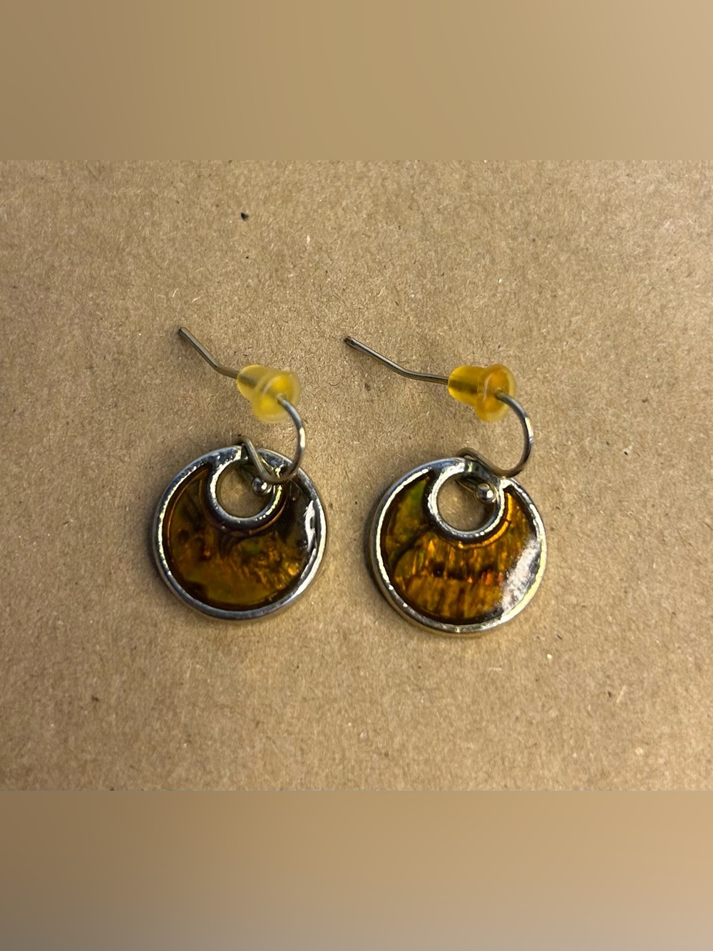 Amber Colored Silver Toned Round Drop Earrings